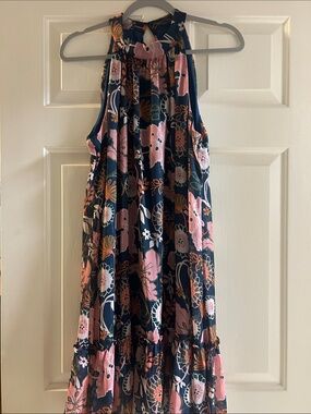 Womens Floral Halter Neck Dress - Green, teal and Pink & Coral Accents. Size 10.